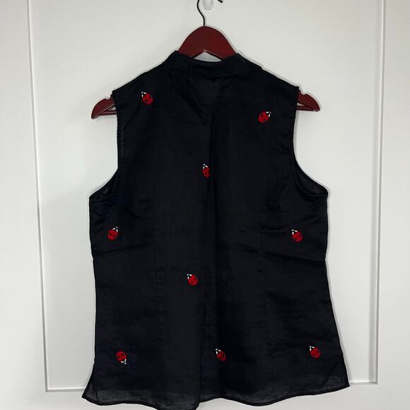 Edward Irish Linen Ladybug Embroidery Black Sleeveless Button Down Shirt Size XL - Picture 4 of 6
